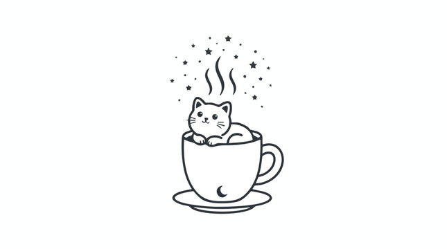 Cute little cat sitting in a hot coffee mug with stars illustration design