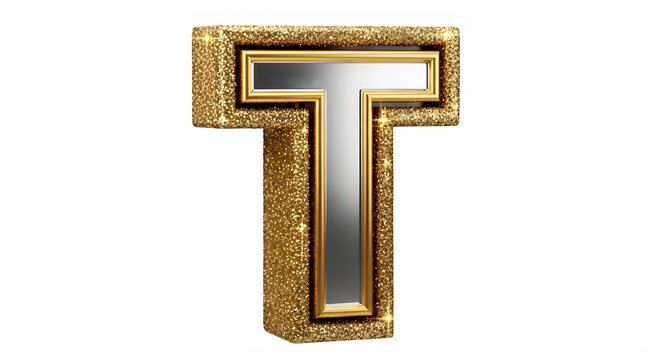 Glittery gold letter T with silver and gold outline  luxury alphabet symbol transparent background