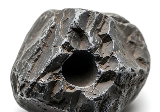 A close-up of a meteorite with a hole in it