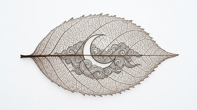 Intricate crescent moon and swirling cloud design lasercut into a delicate skeletonized leaf isolated on white background