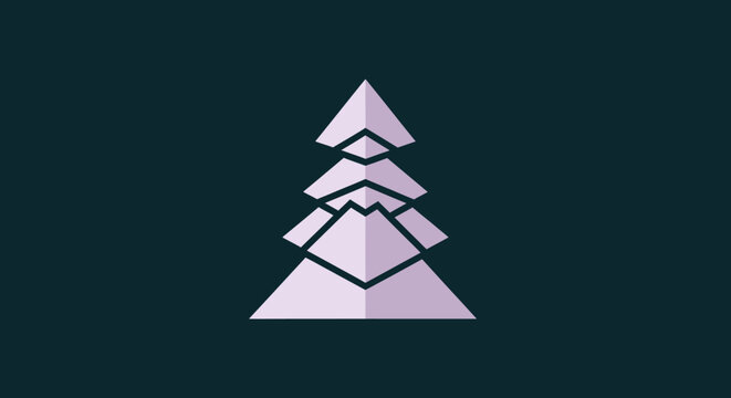 A geometric evergreen tree silhouette against a dark teal background. Simple vector style