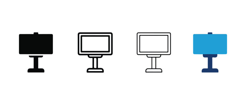 screen TVs and monitor displays on stands with varying screen colors isolated on transparent background
