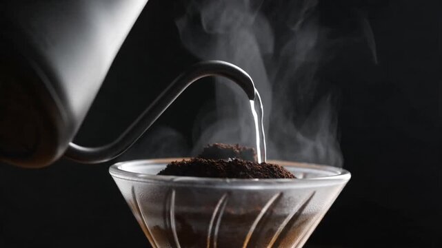 Hot water flows from a black gooseneck kettle onto ground beans in a glass dripper. Steam rises against a dark background, capturing the art of pour-over coffee brewing.