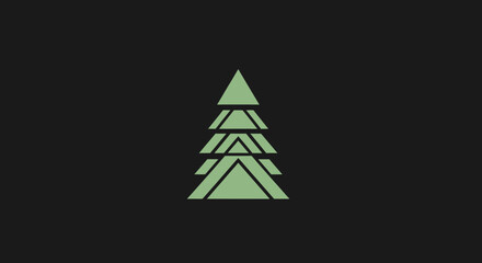 Obraz premium Geometric fir tree icon, sage green triangles on black. Simple, abstract, minimalist design