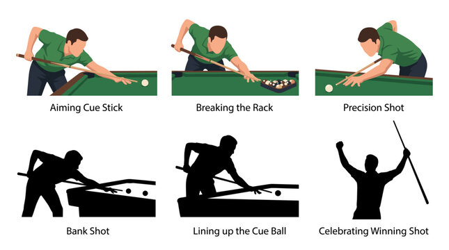 Set of vector collection featuring different billiard player action poses, aiming cue stick, breaking the rack, precision shot, bank shot, lining up the cue ball, celebrating winning shot