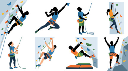 Set of vector collection featuring different sport climber action poses, climbing indoor wall, reaching climbing hold, belaying with rope, lead climbing, bouldering movement © mehdik