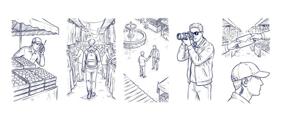 Obraz premium Spy surveillance sketch storyboard illustration showing undercover detective investigation in public market, with secret agent using radio transmitter, taking photos, passing secret envelope.