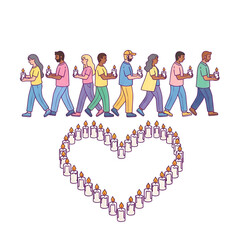 Fototapeta premium Diverse group of people walking with lit candles in a heart shape