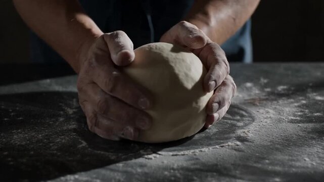 In dramatic lighting, a baker&rsquo;s hands carefully knead and shape a smooth ball of dough on a floured dark surface, capturing the rhythmic process of artisanal bread making.