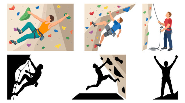 Professional vector collection featuring different sport climber action poses, climbing indoor wall, reaching climbing hold, belaying with rope, lead climbing, bouldering movement