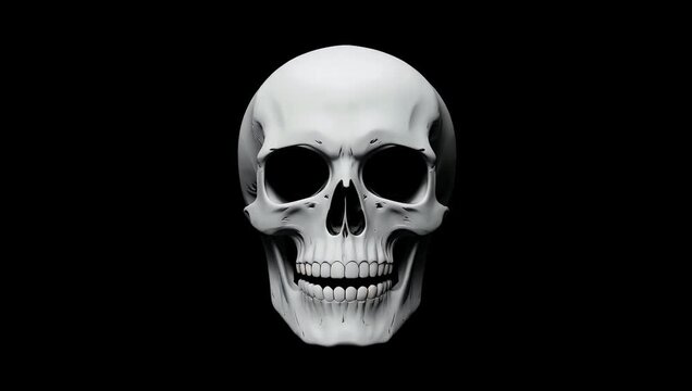 Spooky 4K hand drawn stop motion animation featuring a white human skull shifting and rattling on a solid black background creating an eerie high contrast aesthetic ideal for dark Halloween and