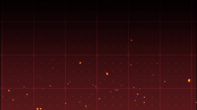 Seamless loop grid pattern moving right to left on dark red gradient with flying fire sparks, futuristic blueprint cells template, technology background for gaming stream, corporate intro or presentat
