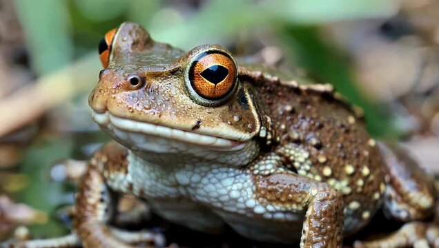 Fascinating 4K macro wildlife close up focusing on a common European toad Bufo bufo  highlighting its textured warty brown skin unique camouflage patterns and striking glassy orange irises in its