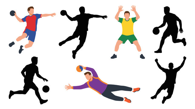 Professional vector collection featuring different handball player action poses, jumping shot, passing handball, defensive blocking, dribbling ball, goalkeeper save, celebrating goal
