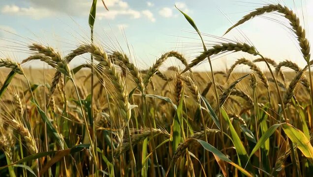 Beautiful telephoto 4K macro b roll capturing wild golden wheat ears swaying gracefully in the afternoon breeze across a vast agricultural field highlighting organic spikelet textures and warm autumn