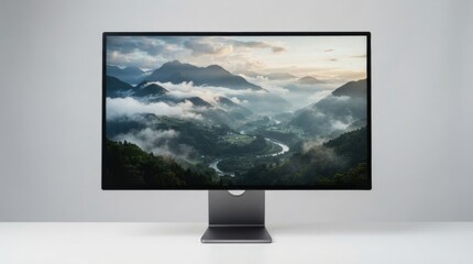Fototapeta premium High-Resolution Modern Desktop Computer Monitor Displaying Scenic Mountain Landscape on Minimalist White Office Desk, Professional Studio Tech Setup