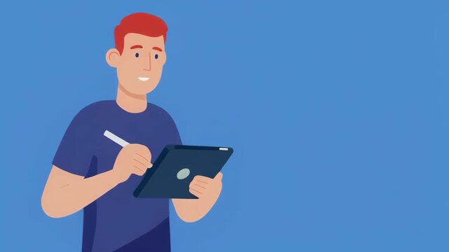 Man drawing on tablet with stylus showing different emotions during digital creation