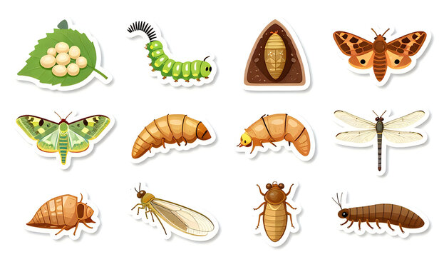 Insects and larvae are organized into a educational sticker set highlighting various stages of development.