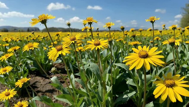 Dreamy spring themed 4K b roll sweeping over a countryside meadow filled with blooming wild yellow dandelions swaying gently in the wind under bright sunshine to capture pastoral rustic colors and