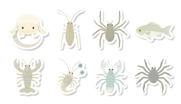 Crustaceans and arachnids are displayed as a collection of detailed stickers on a plain white background for educational purposes.