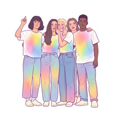 Fototapeta premium Diverse group of young friends wearing rainbow clothes standing
