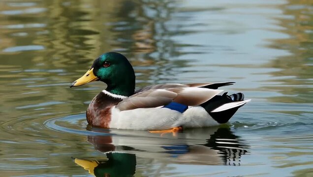 Exquisite 4K close up wildlife study of a colorful common shelduck Tadorna tadorna gliding calmly across glassy wetlands showing off its contrasting white chestnut and dark green feathers under crisp