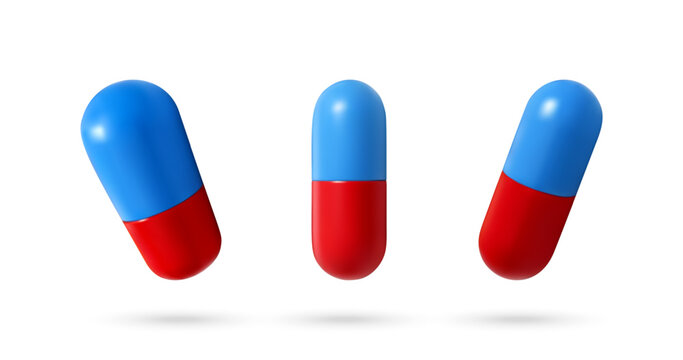 Blue and red medicine capsules arranged in row. Three-dimensional drug pill for healthcare, medical treatment, pharmacy and pharmaceutical industry research. Minimalist glossy 3d design.