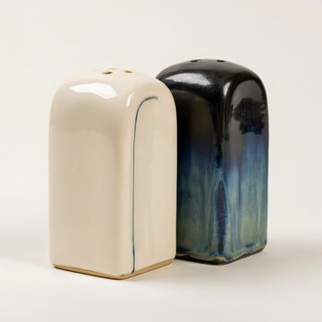 Cream and dark blue glazed ceramic salt and pepper shakers side by side salt shaker kitchenware