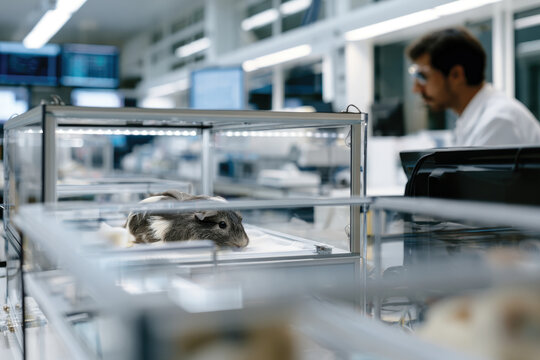 A guinea pig rests in its enclosure within a laboratory, representing the role of small animals in scientific research and the ethical considerations involved.