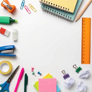 Back to school concept. Flat lay frame of colorful school supplies on white background. Copy space.