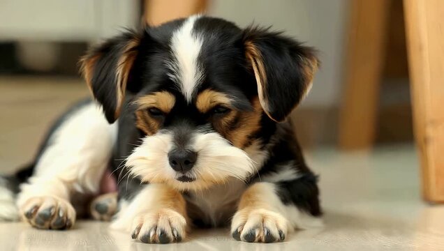 Adorable 4K companion pet video showing a sweet Morkie puppy resting comfortably on a rug who suddenly sneezes and shakes its ears in an endearing display of daily dog behavior