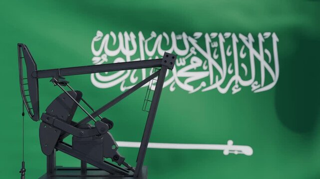 Oil Pump Jack Silhouette with Saudi Arabia Flag Background &ndash; Oil Industry Animation