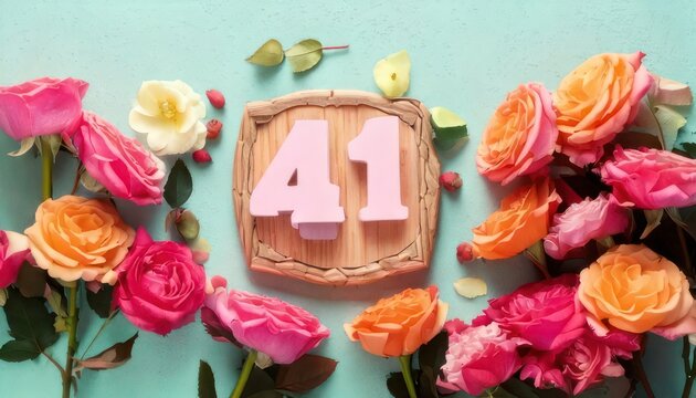 Floral celebration of 41st birthday with roses and wooden number.