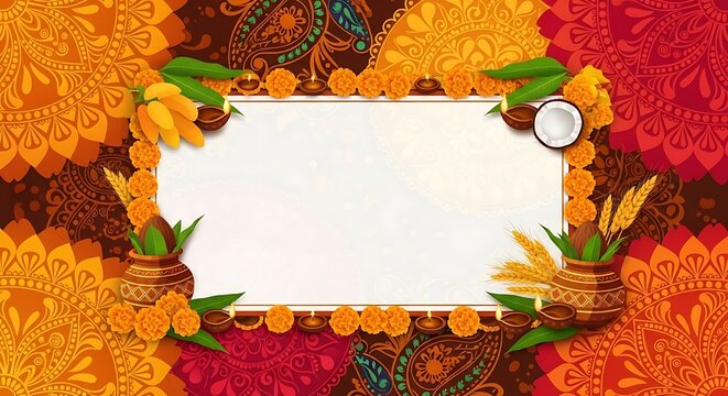 Vibrant Indian Festive Frame with Marigold Flowers and Paisley Patterns
