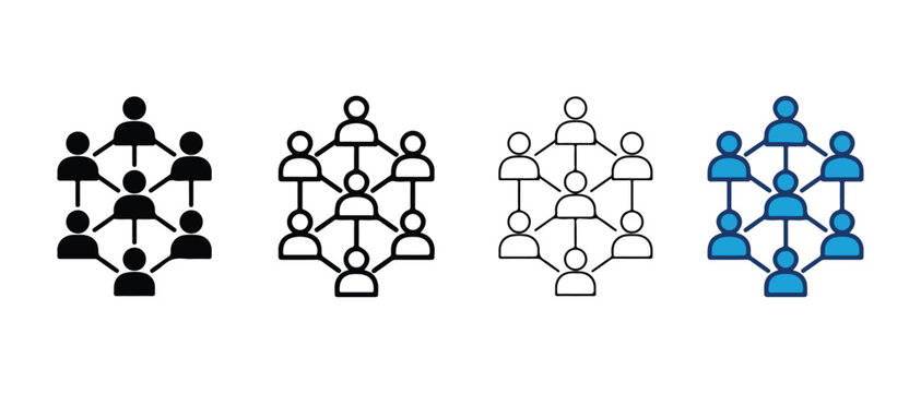 Organizational hierarchy diagrams with interconnected figures representing team structures and leadership networks