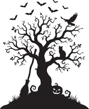 Spooky creepy tree silhouette with black cat jack o lantern and bats vector