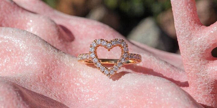 Open heart diamond ring on pink flower petals, romantic jewelry concept