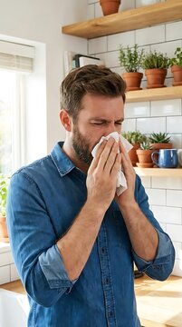 Man sneezing into tissue in kitchen denim shirt