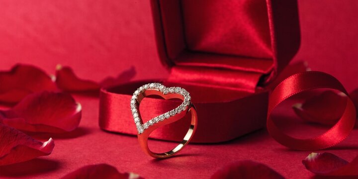 Heart shaped diamond ring in red velvet gift box with rose petals, romantic proposal concept