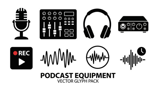 Podcast Equipment Collection Including Microphone Mixer Headphones and Recorder.
