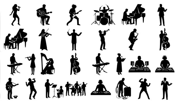 Premium live music performance silhouette vector pack featuring singers instrumentalists orchestra conductor and recording studio professionals isolated on white background