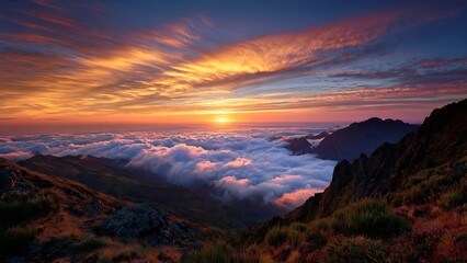Obraz premium Breathtaking Sunset Above Clouds from High Mountain Peak.