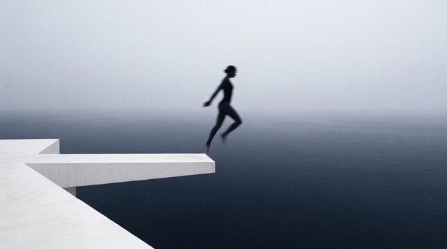 Silhouette of Person Leaping Over Cliff Edge