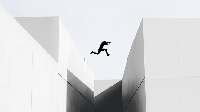 Silhouette Figure Jumping Across Gap Between Buildings