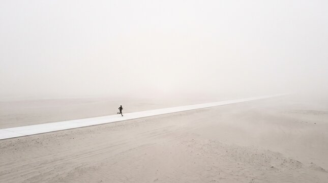 Solitary Runner Jogging Along Minimal Coastal Path