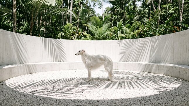 White Greyhound Standing in Minimalist Concrete Enclosure