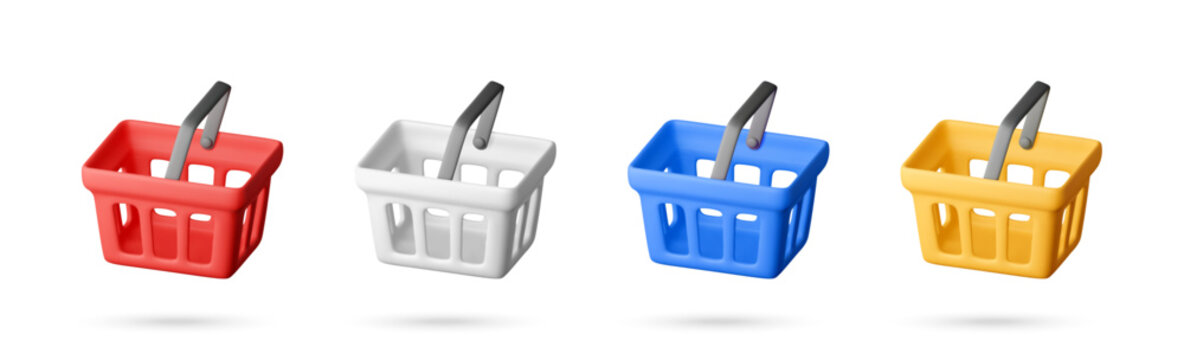 Set of four colorful 3D retail shopping basket icons on white background. Minimalist plastic basket for supermarket grocery store. Digital e-commerce vector illustration design concept.