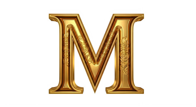 Golden letter M with intricate designs isolated on transparent background transparent background