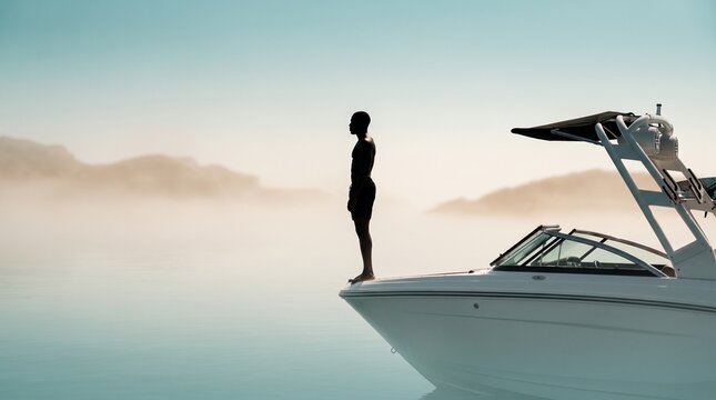 Man Standing on Boat Overlooking Misty Mountains