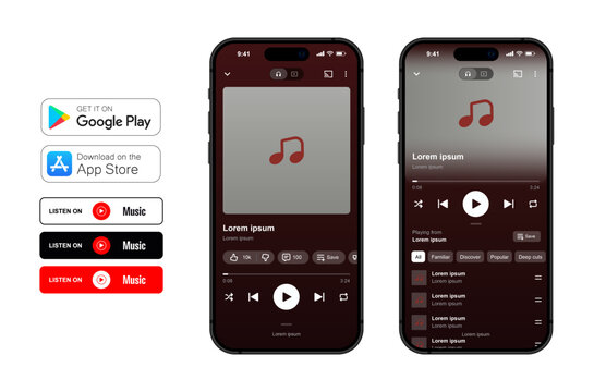 Youtube music streaming service app mockup with player interface mobile display on smartphone screen template design for digital audio playback media library ui ux track